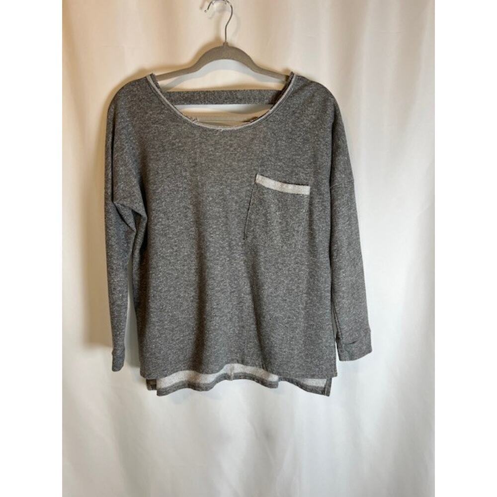 Gray Long Sleeve Pullover Top with Pocket V-Back Cotton Blend Sz M